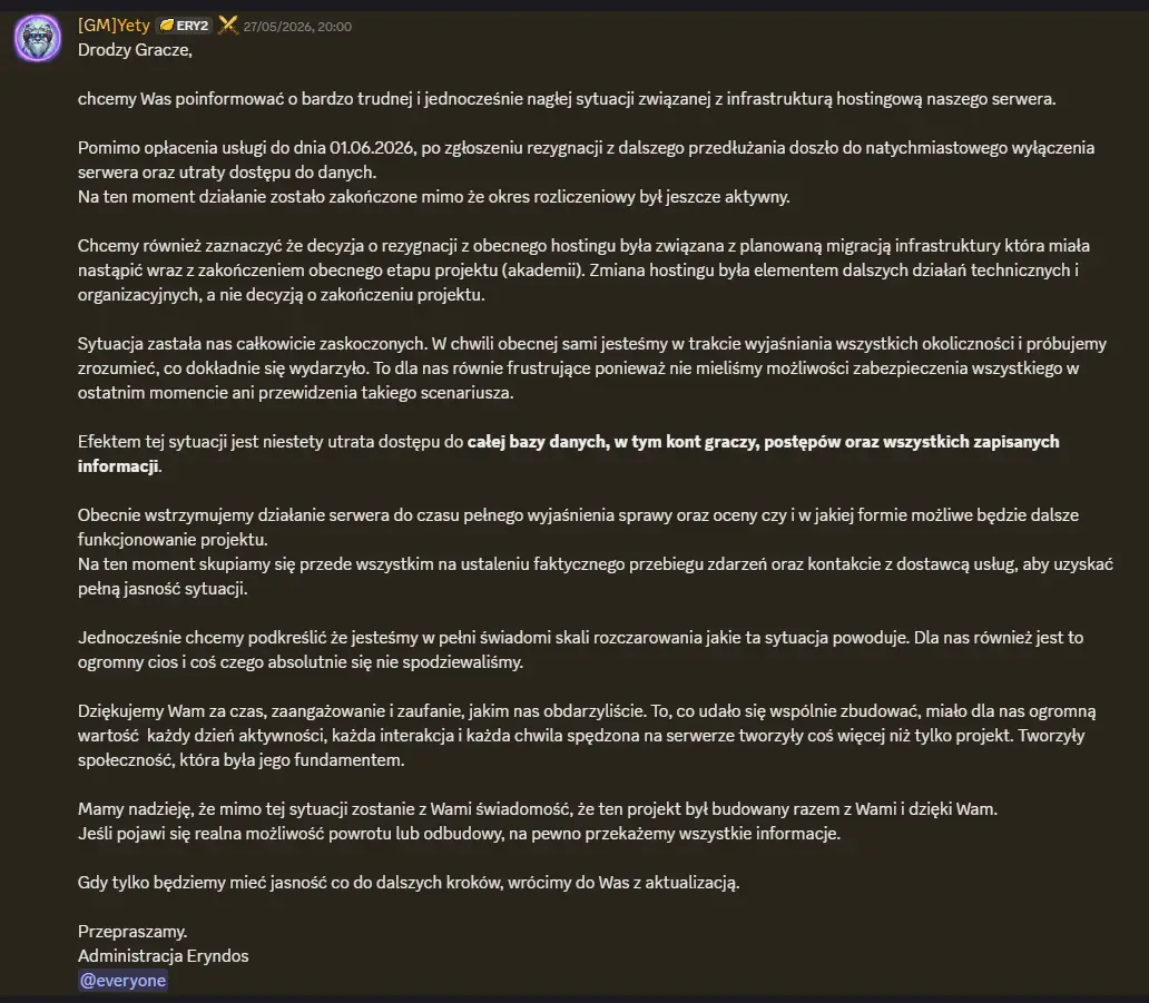 Koniec projektu Eryndos brak informacji od 5 dni